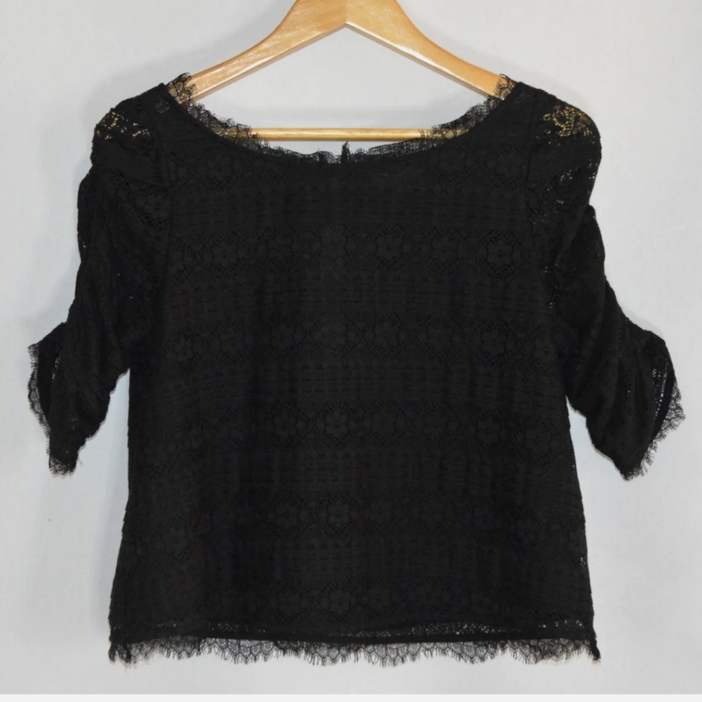JOIE lace blouse top ruched sleeves to elbow black Size M